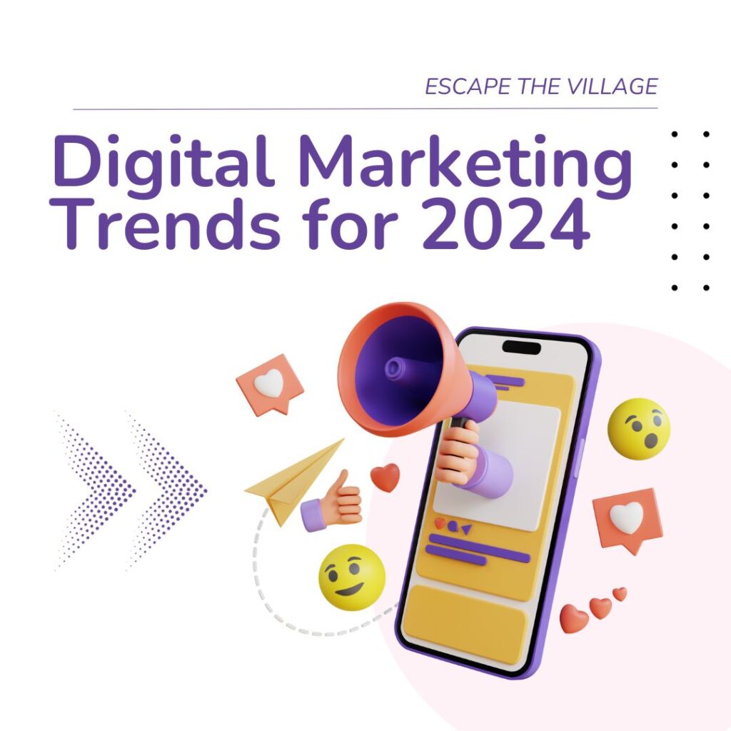 marketing trends for 2024. A cartoon mobile phone with emojis