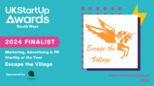 Official UK StartUp Awards graphic with Escape the Village logo for the category of Marketing, Advertising & PR StartUp of the Year