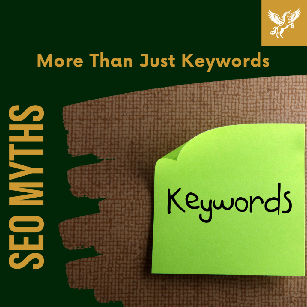 Keywords on a yellow note it. Text says More than Just Keywords and SEo Myths