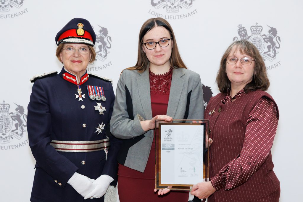 Liz and Izzy with the Lord Lieutenant of Wiltshire, being presented with their Silver Defence ERS Certificate