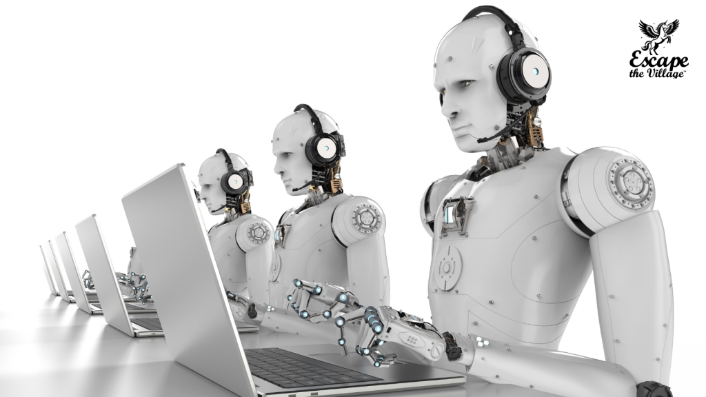 Business robots in a row working