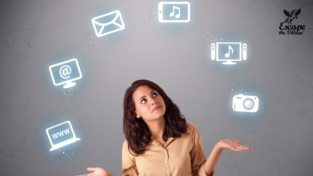 A woman juggling business tasks