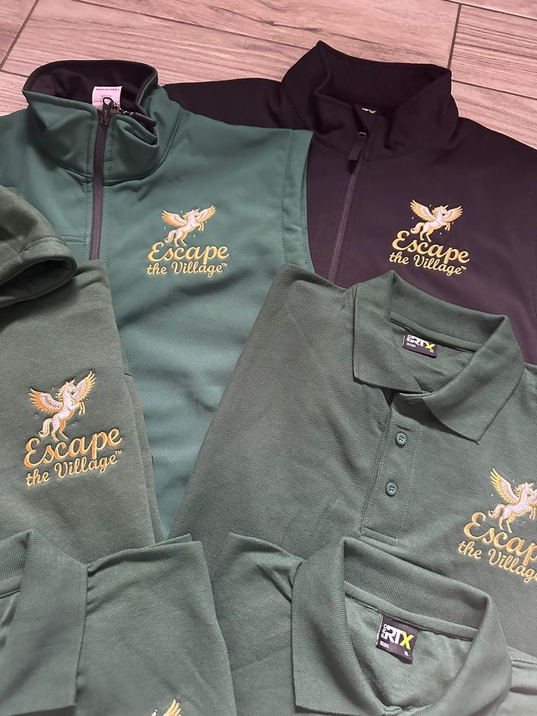 Branded clothing in brand colours and with logos
